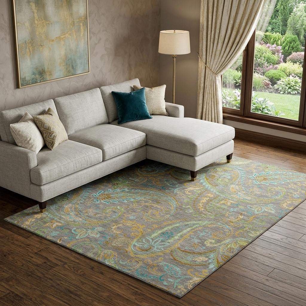 9' X 12' Taupe Green And Blue Paisley Distressed Washable Area Rug With UV Protection - HomeRoots - Flyclothing LLC