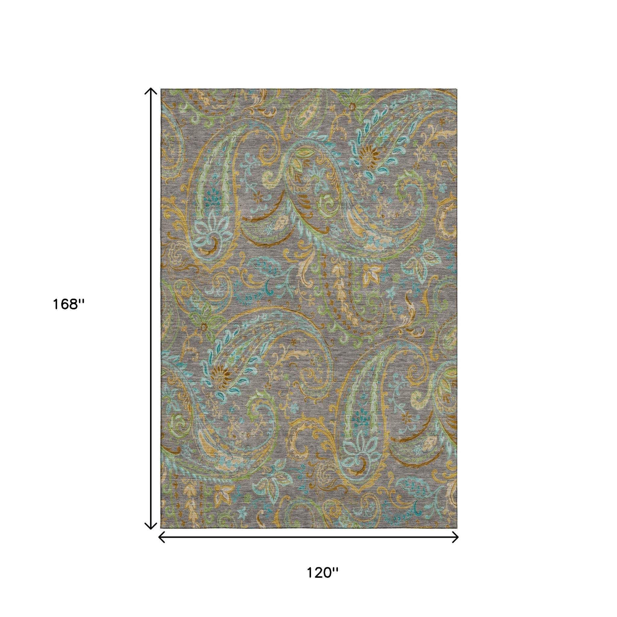 10' X 14' Taupe Green And Blue Paisley Washable Area Rug With UV Protection - HomeRoots - Flyclothing LLC