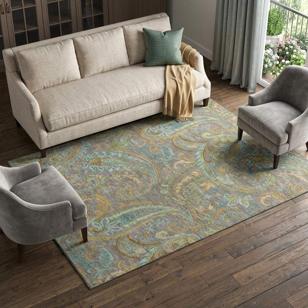 10' X 14' Taupe Green And Blue Paisley Washable Area Rug With UV Protection - HomeRoots - Flyclothing LLC