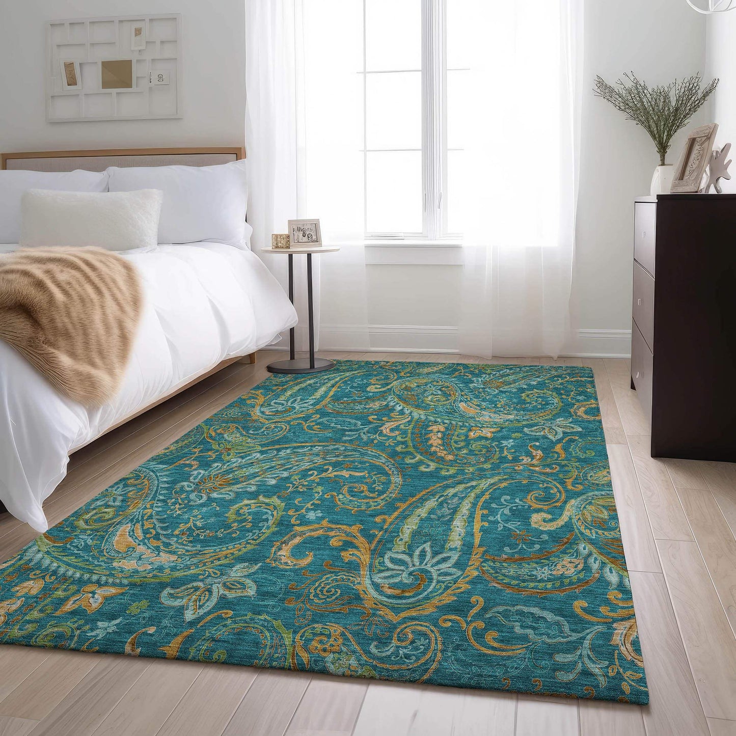 5' X 8' Teal Green And Gold Paisley Washable Area Rug With UV Protection - HomeRoots - Flyclothing LLC