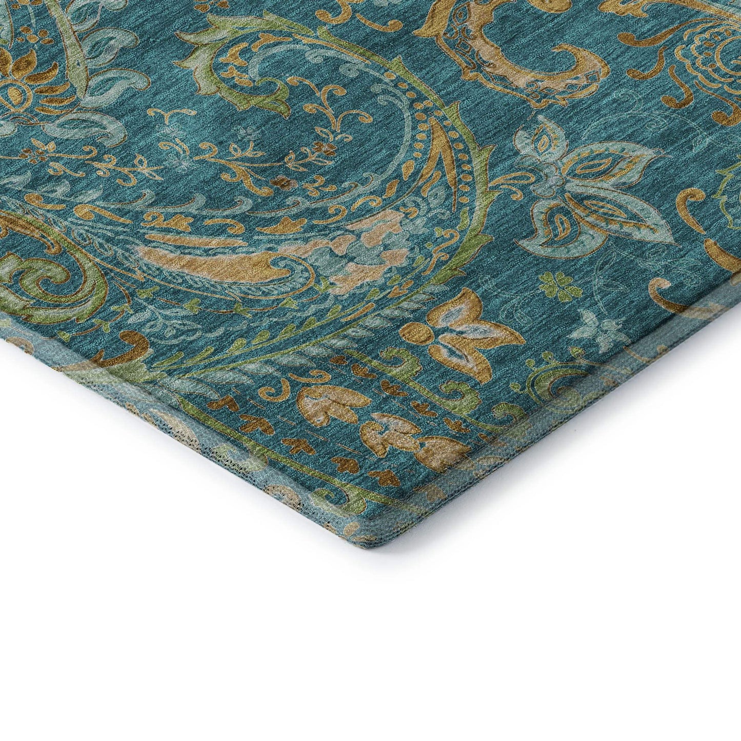 5' X 8' Teal Green And Gold Paisley Washable Area Rug With UV Protection - HomeRoots - Flyclothing LLC