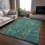 5' X 8' Teal Green And Gold Paisley Washable Area Rug With UV Protection - HomeRoots - Flyclothing LLC