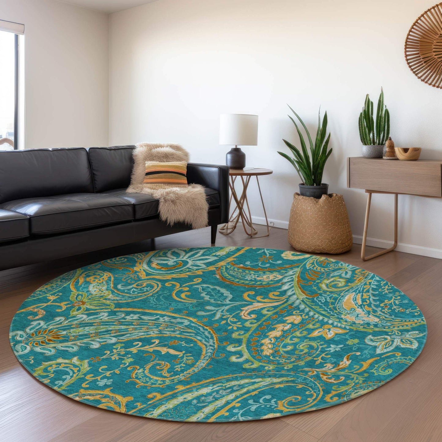 8' Teal Green And Gold Paisley Distressed Washable Round Rug With UV Protection - HomeRoots - Flyclothing LLC