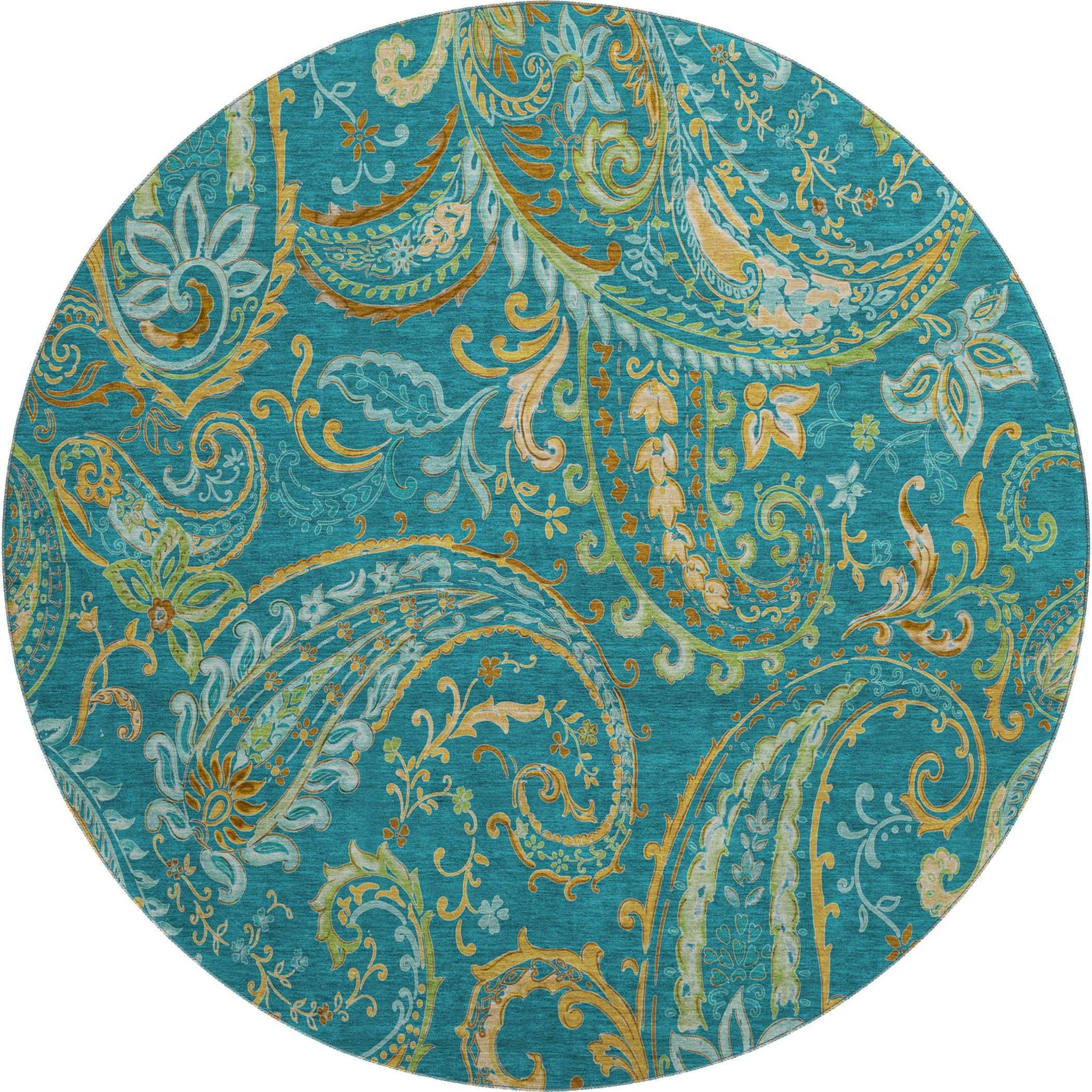 8' Teal Green And Gold Paisley Distressed Washable Round Rug With UV Protection - HomeRoots - Flyclothing LLC