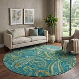 8' Teal Green And Gold Paisley Distressed Washable Round Rug With UV Protection - HomeRoots - Flyclothing LLC