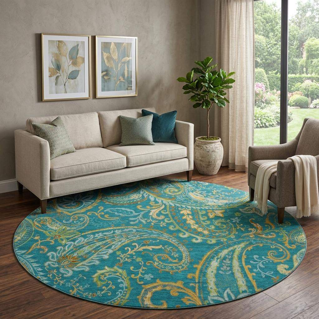 8' Teal Green And Gold Paisley Distressed Washable Round Rug With UV Protection - HomeRoots - Flyclothing LLC