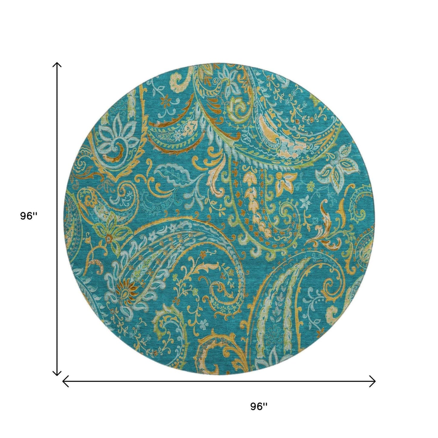 8' Teal Green And Gold Paisley Distressed Washable Round Rug With UV Protection - HomeRoots - Flyclothing LLC