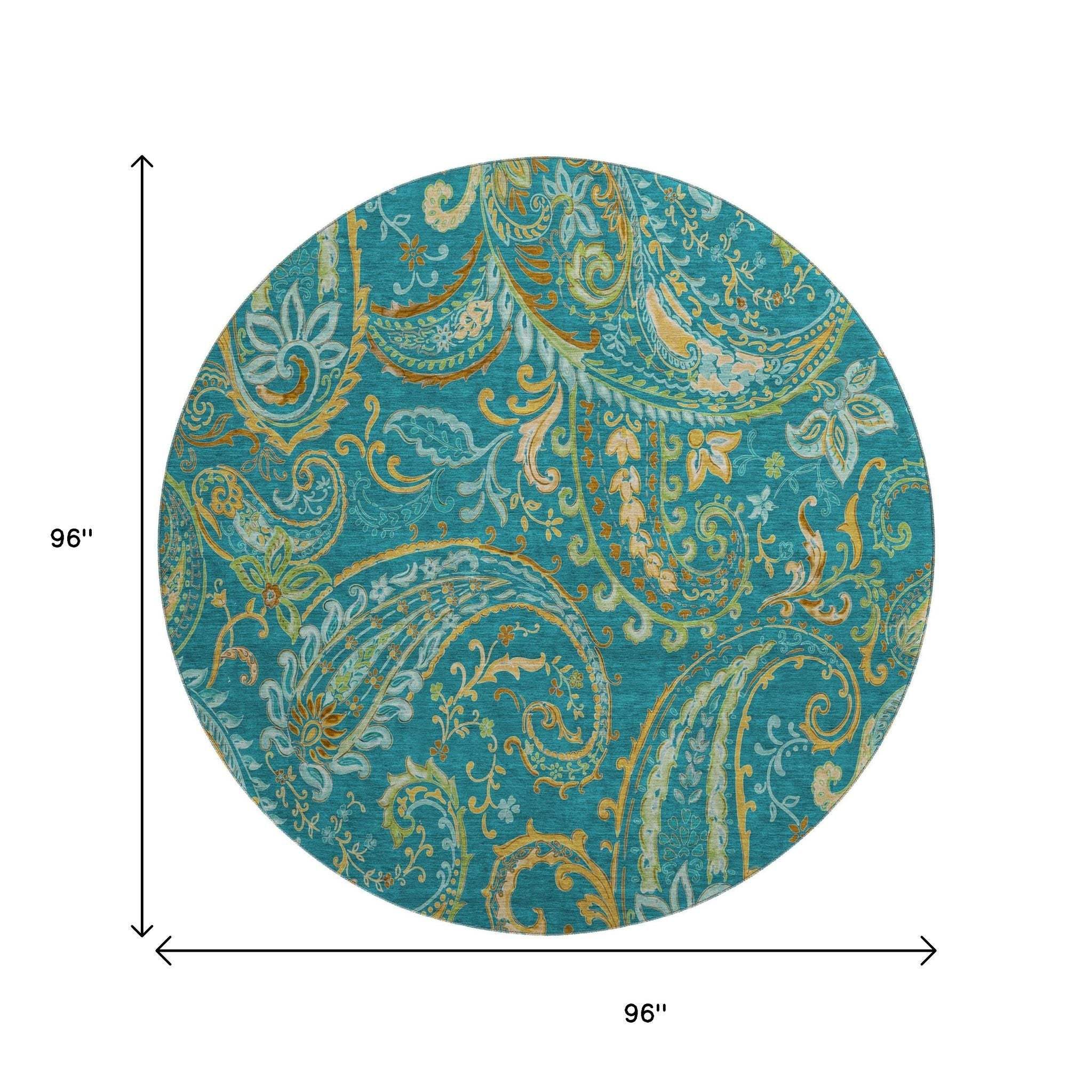 8' Teal Green And Gold Paisley Distressed Washable Round Rug With UV Protection - HomeRoots - Flyclothing LLC