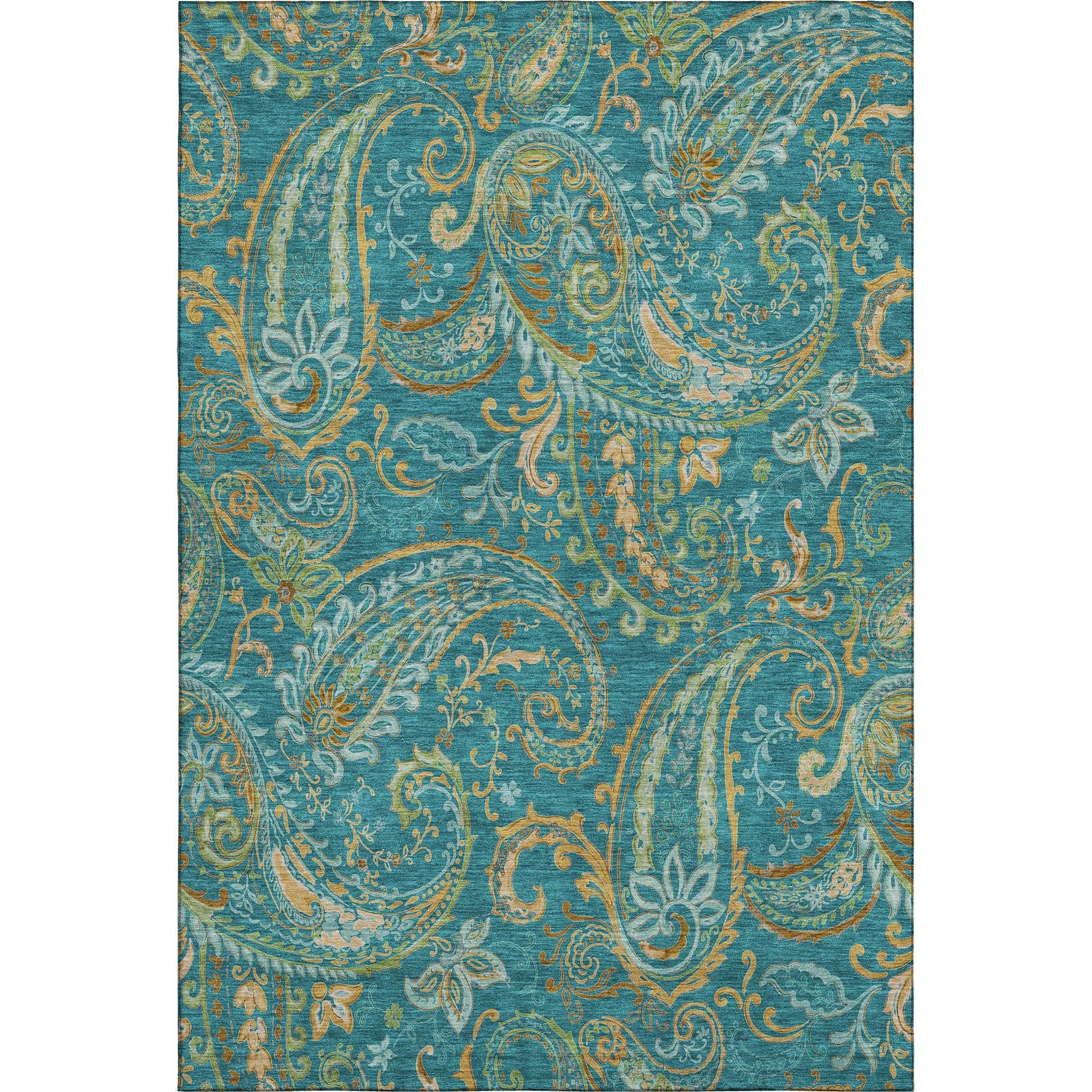 8' X 10' Teal Green And Gold Paisley Washable Area Rug With UV Protection - HomeRoots - Flyclothing LLC