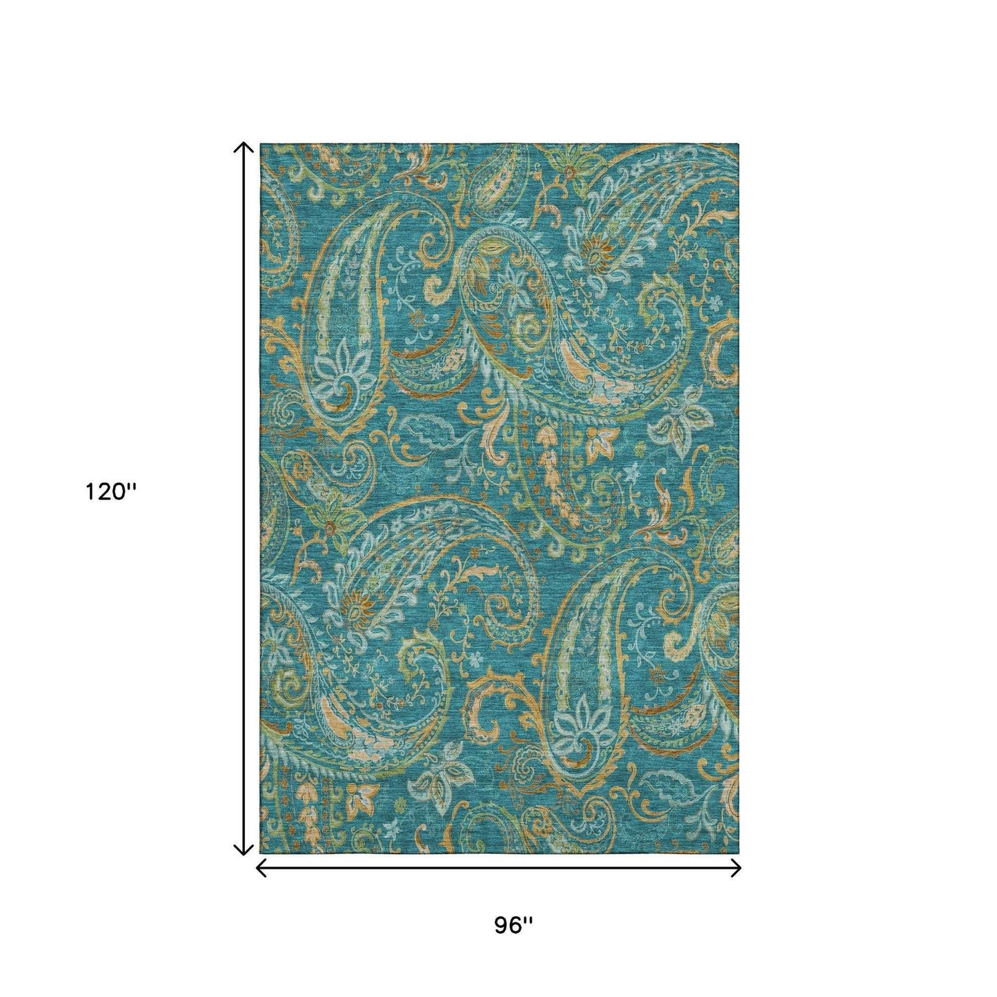 8' X 10' Teal Green And Gold Paisley Washable Area Rug With UV Protection - HomeRoots - Flyclothing LLC