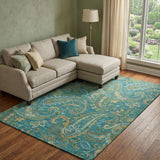 9' X 12' Teal Green And Gold Paisley Distressed Washable Area Rug With UV Protection - HomeRoots - Flyclothing LLC