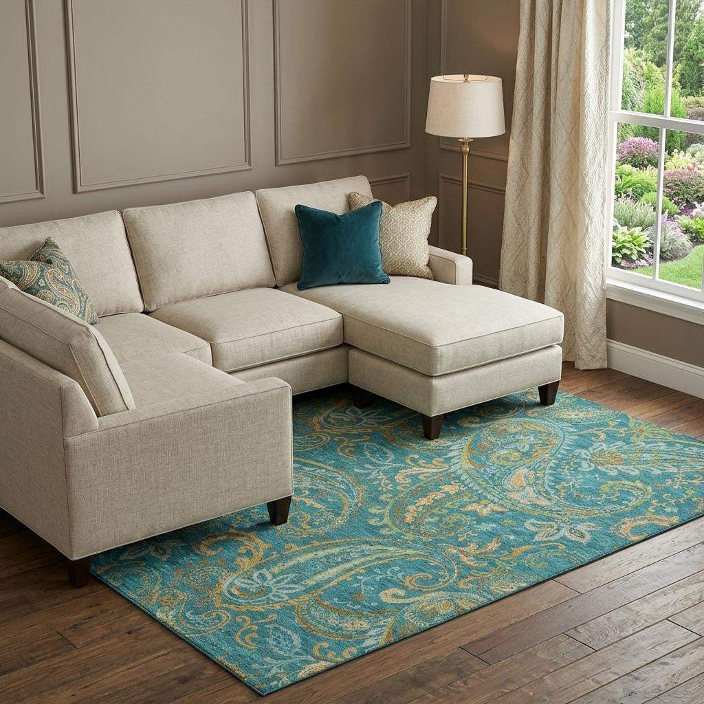 10' X 14' Teal Green And Gold Paisley Distressed Washable Area Rug With UV Protection - HomeRoots - Flyclothing LLC