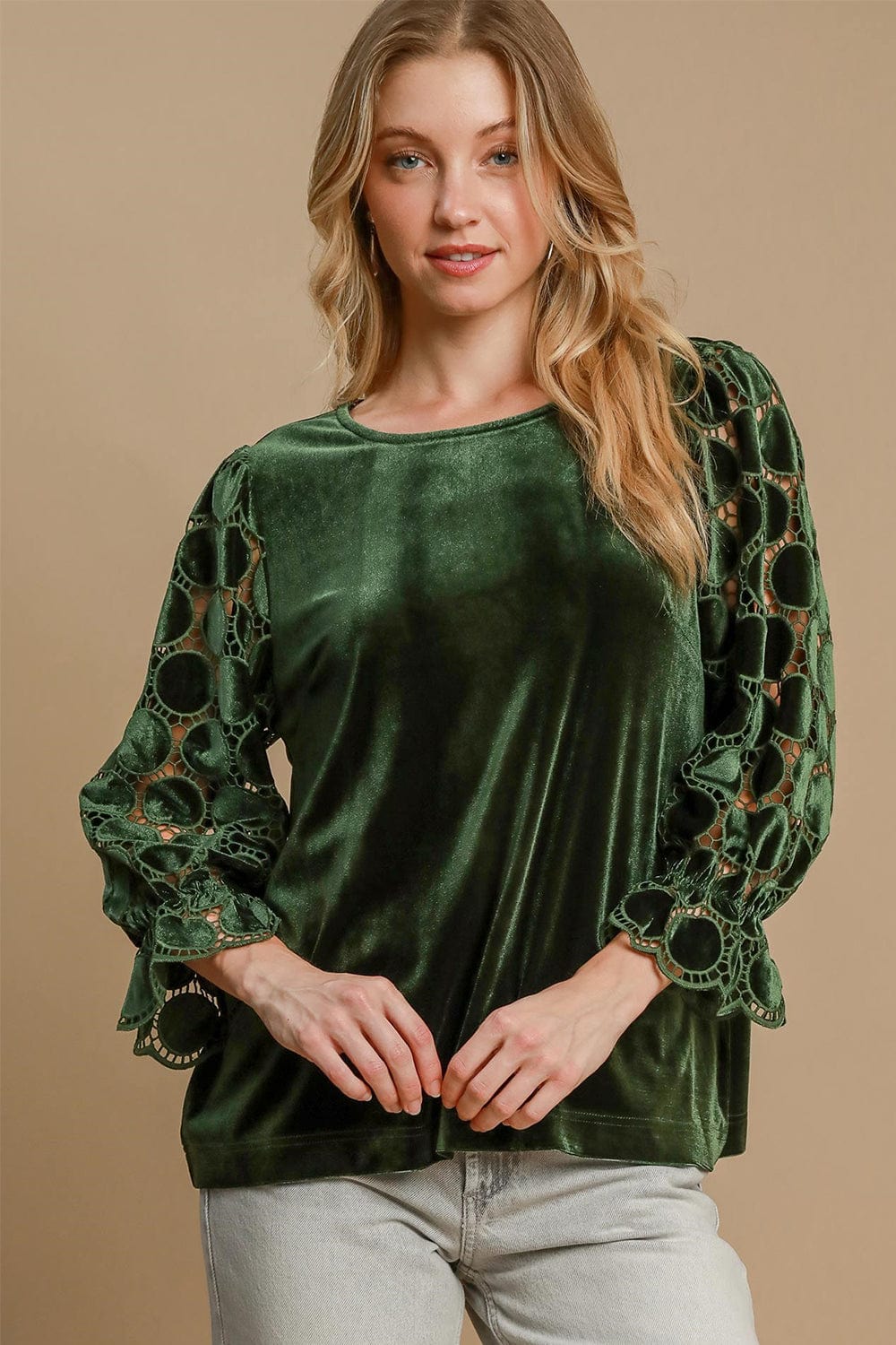 Umgee Polka Dot Lace Long Sleeve Round Neck Blouse - Trendsi