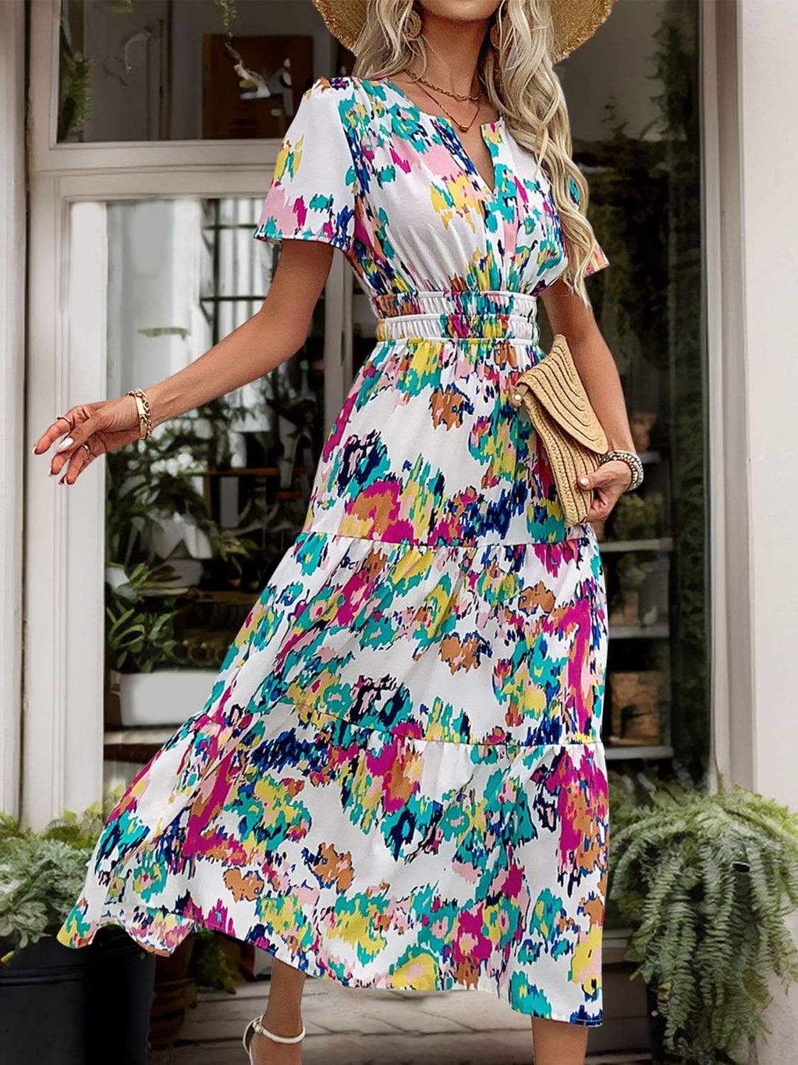 Printed Notched Short Sleeve Midi Dress - Trendsi - Flyclothing LLC
