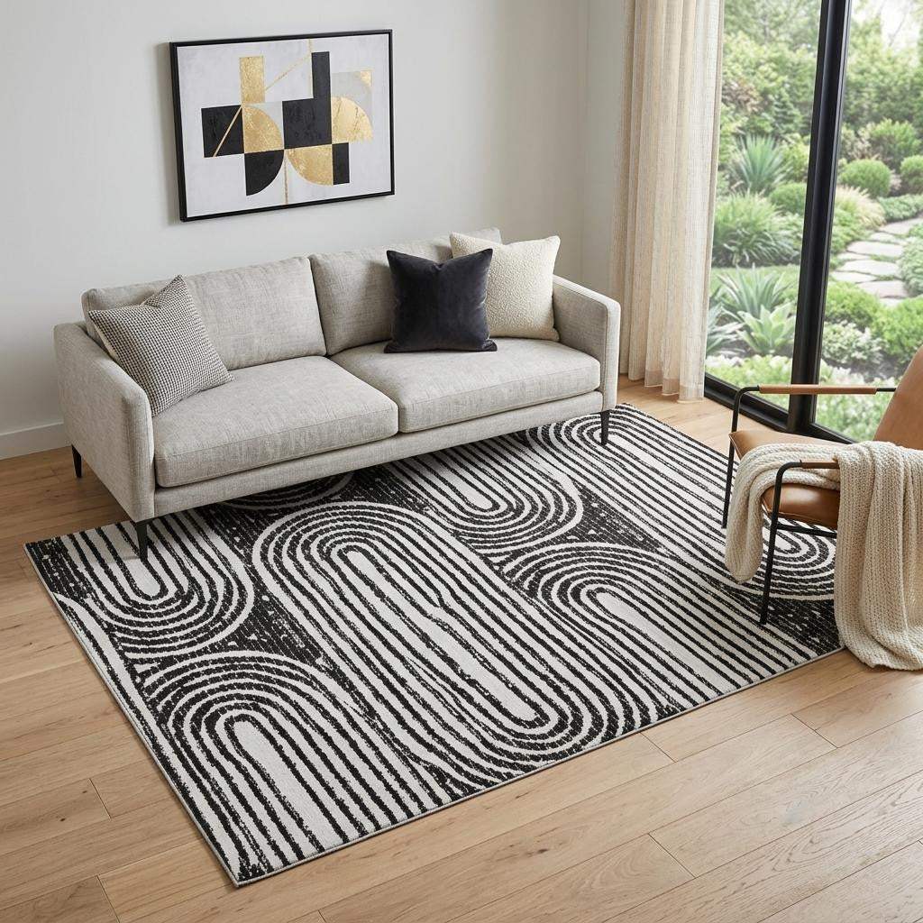 5' X 8' Black And Ivory Geometric Distressed Washable Area Rug With UV Protection - HomeRoots - Flyclothing LLC