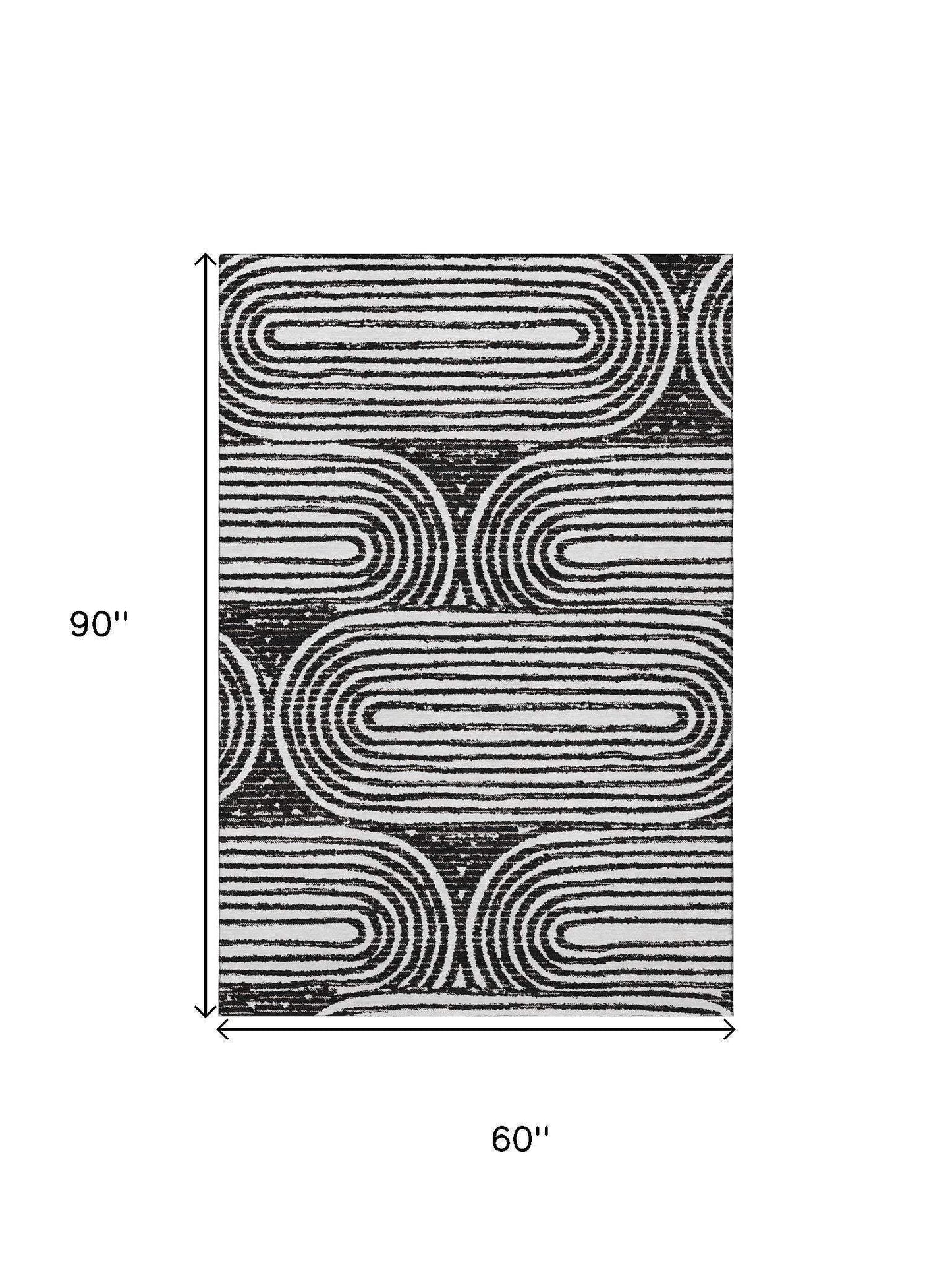 5' X 8' Black And Ivory Geometric Distressed Washable Area Rug With UV Protection - HomeRoots - Flyclothing LLC