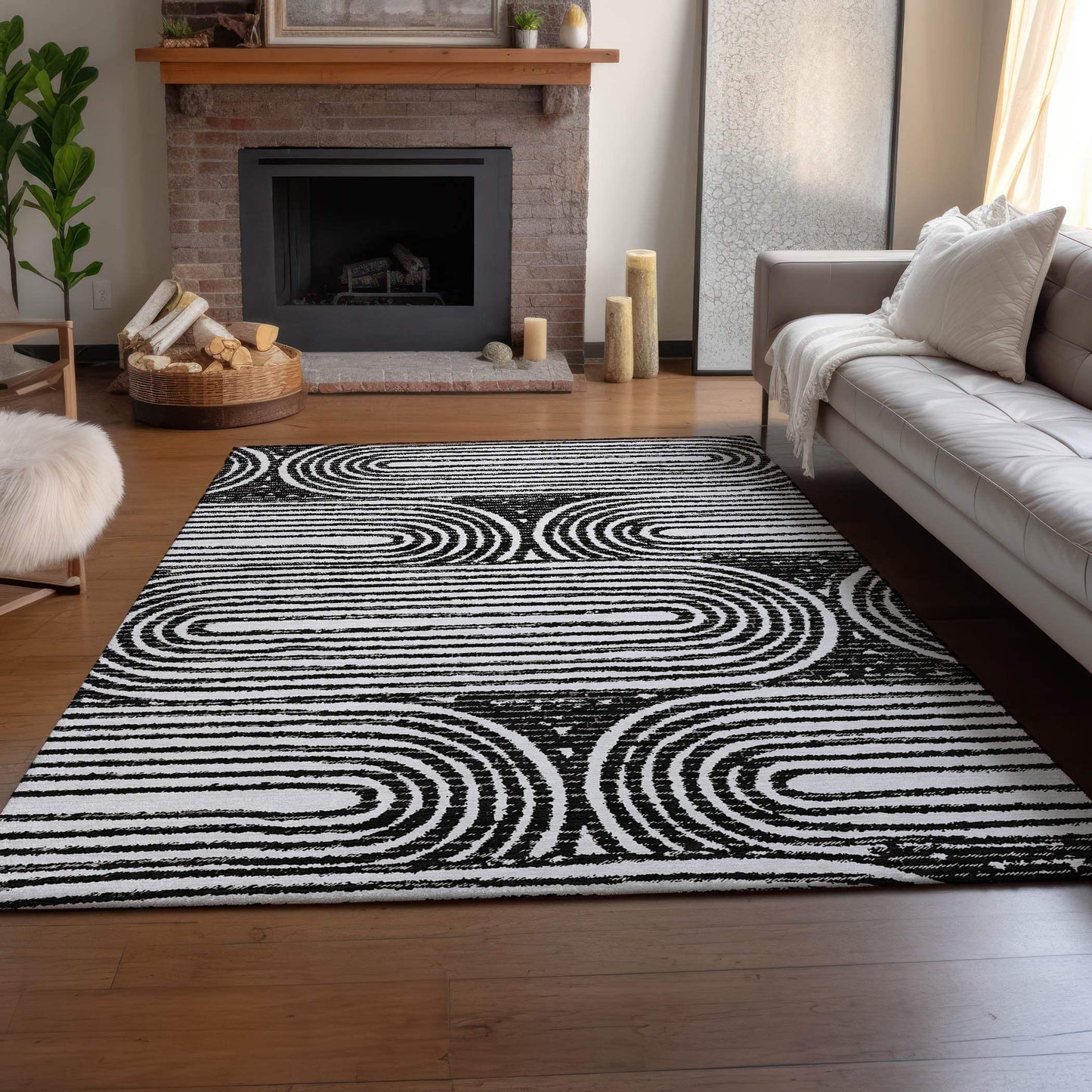 5' X 8' Black And Ivory Geometric Distressed Washable Area Rug With UV Protection - HomeRoots - Flyclothing LLC