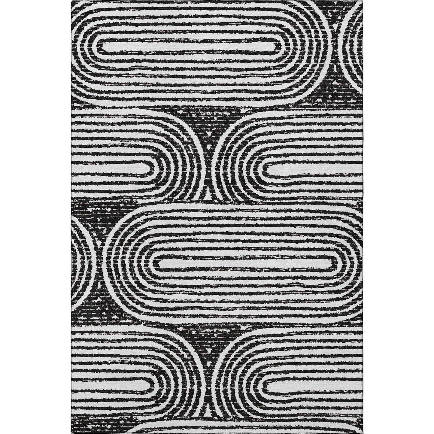 5' X 8' Black And Ivory Geometric Distressed Washable Area Rug With UV Protection - HomeRoots - Flyclothing LLC