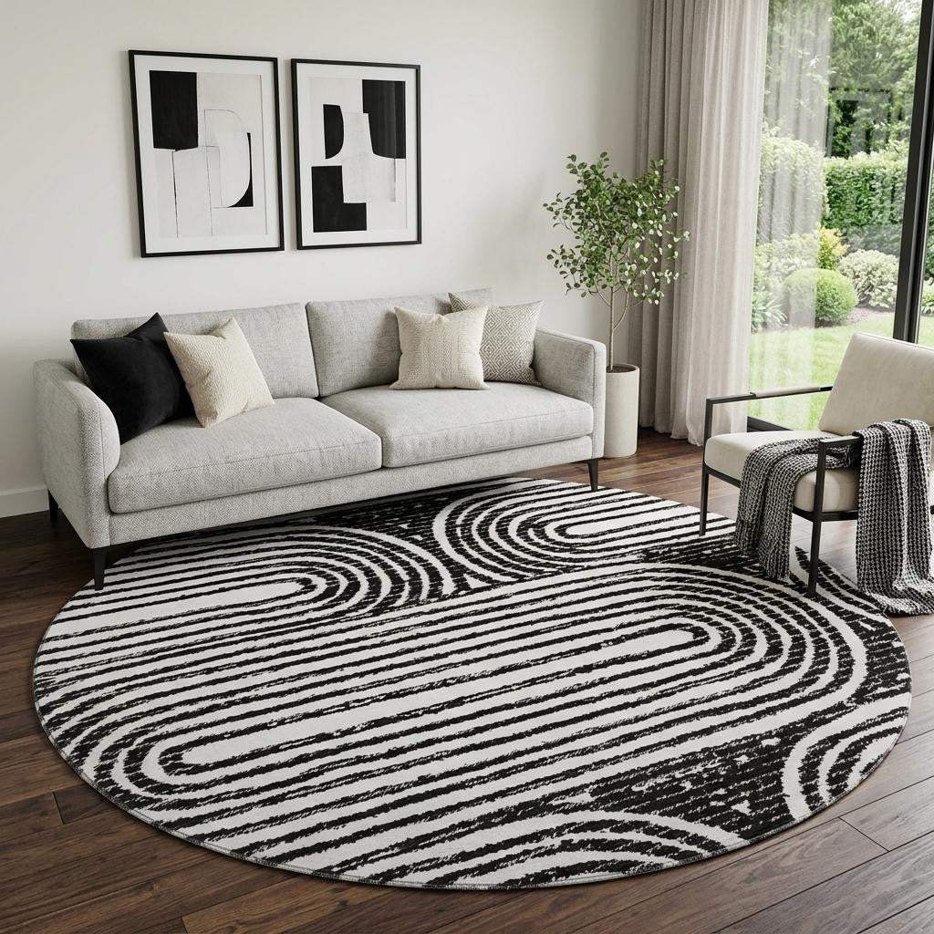 8' Black And Ivory Geometric Distressed Washable Round Rug With UV Protection - HomeRoots - Flyclothing LLC