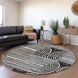 8' Black And Ivory Geometric Distressed Washable Round Rug With UV Protection - HomeRoots - Flyclothing LLC