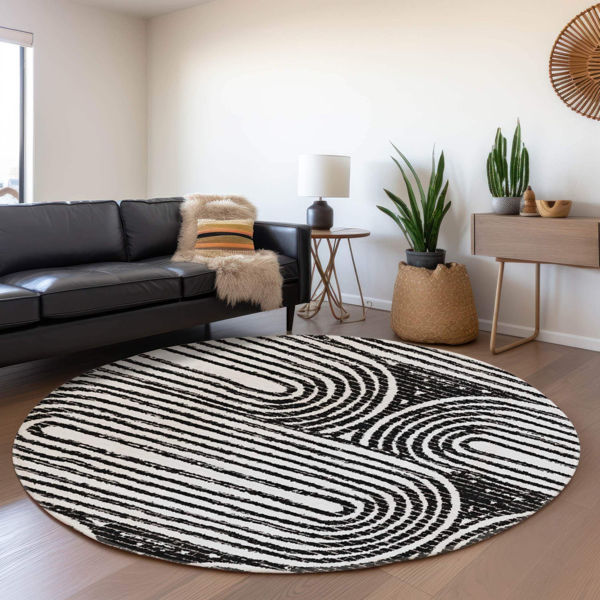 8' Black And Ivory Geometric Distressed Washable Round Rug With UV Protection - HomeRoots - Flyclothing LLC