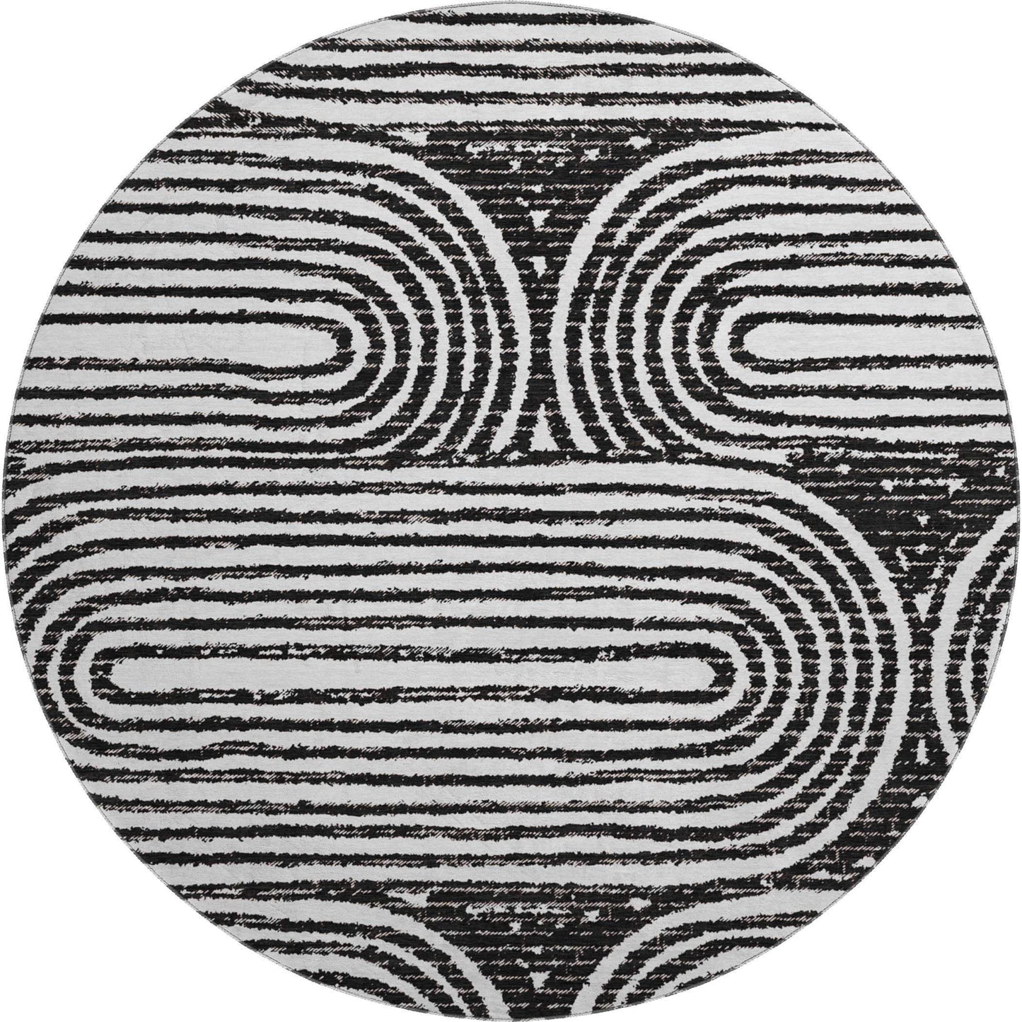 8' Black And Ivory Geometric Distressed Washable Round Rug With UV Protection - HomeRoots - Flyclothing LLC