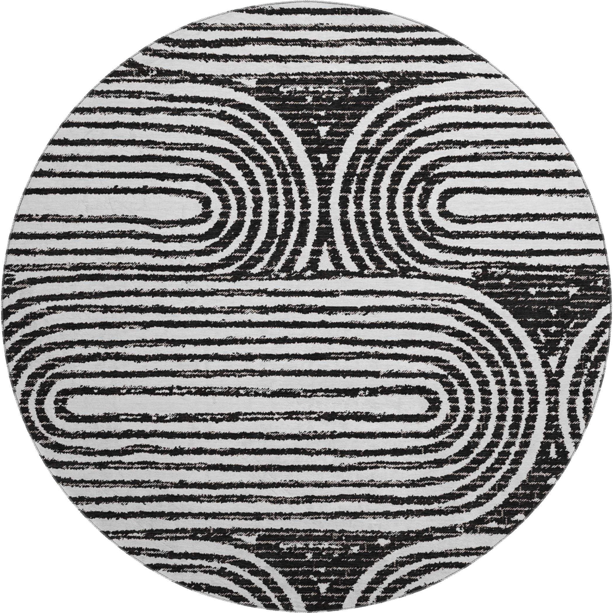 8' Black And Ivory Geometric Distressed Washable Round Rug With UV Protection - HomeRoots - Flyclothing LLC