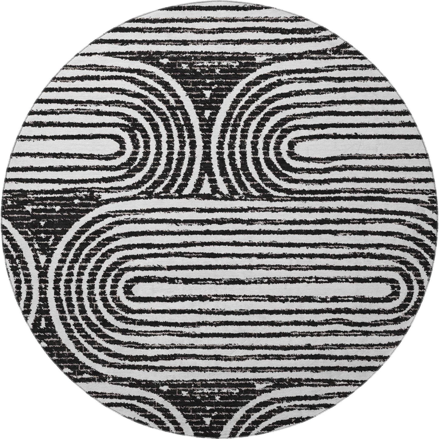 8' Black And Ivory Geometric Distressed Washable Round Rug With UV Protection - HomeRoots - Flyclothing LLC