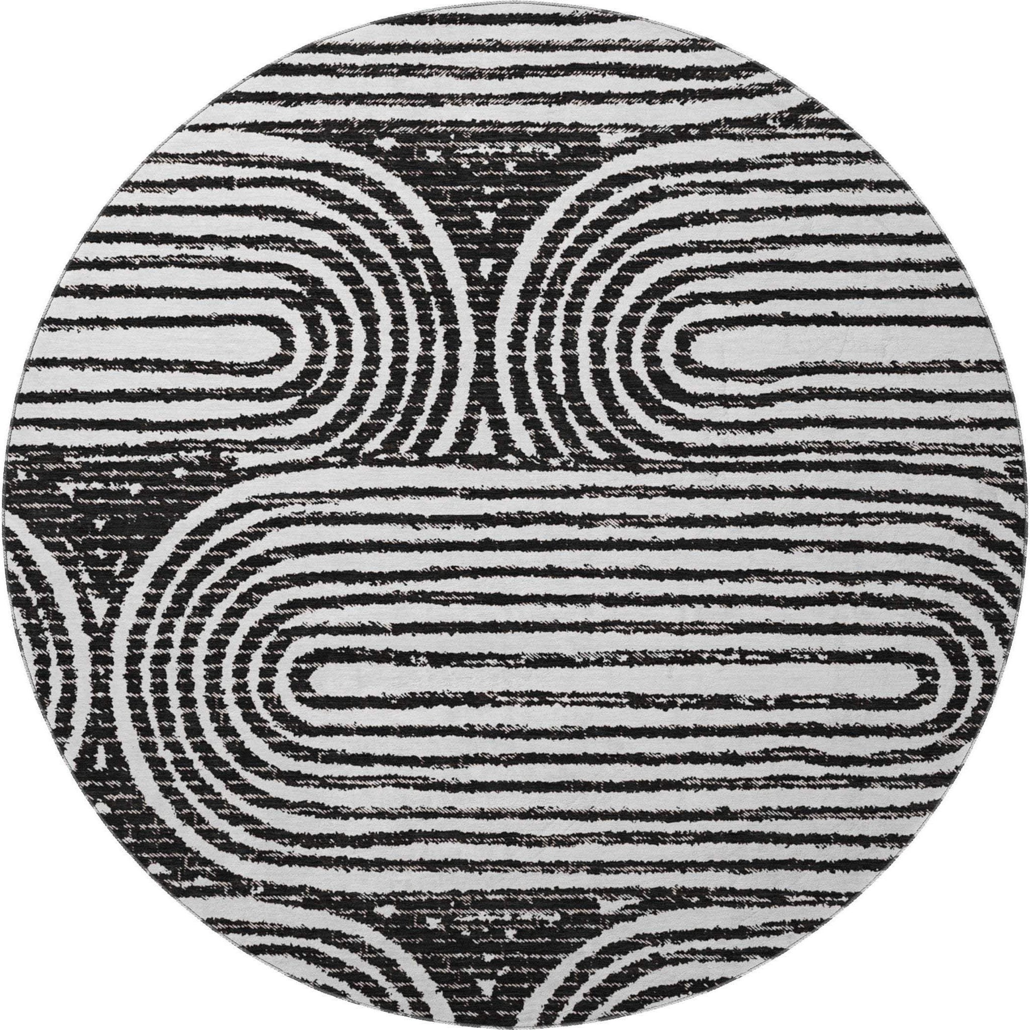 8' Black And Ivory Geometric Distressed Washable Round Rug With UV Protection - HomeRoots - Flyclothing LLC