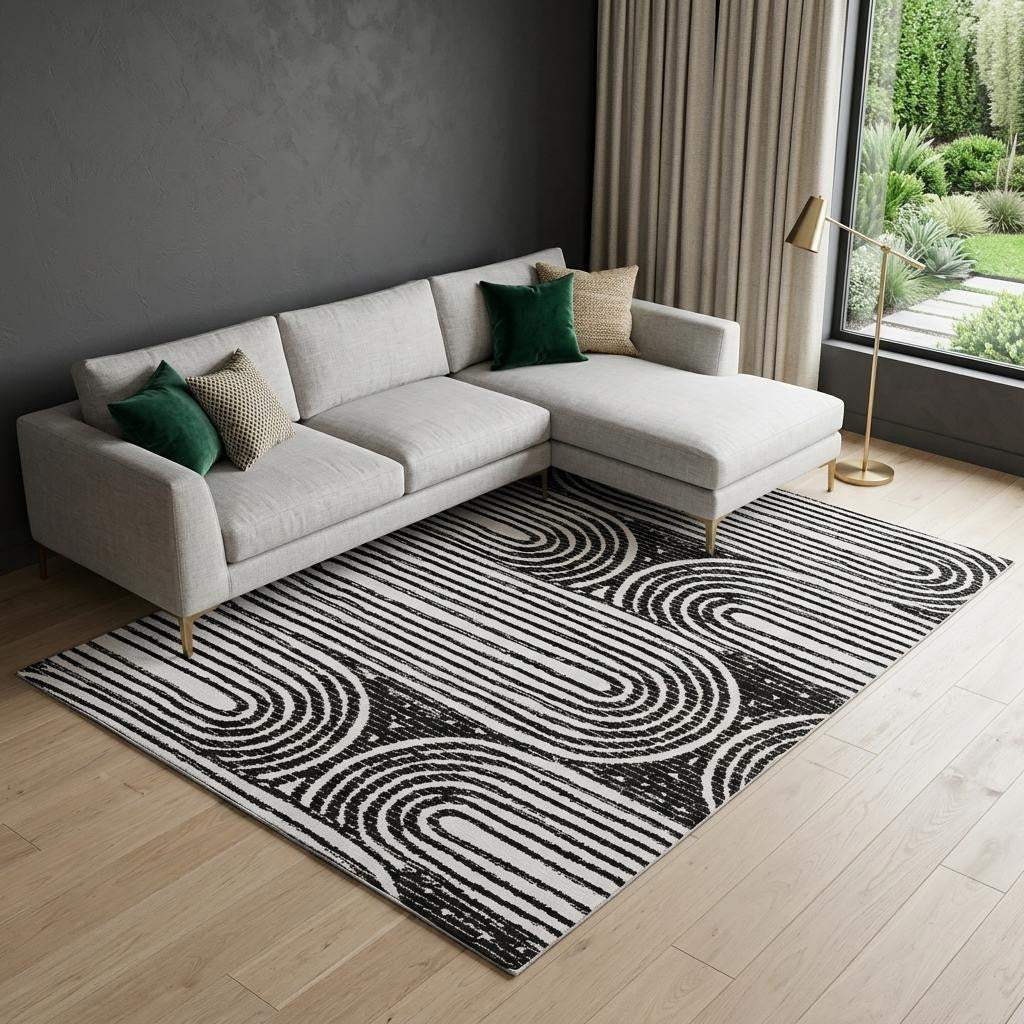 9' X 12' Black And Ivory Geometric Distressed Washable Area Rug With UV Protection - HomeRoots - Flyclothing LLC