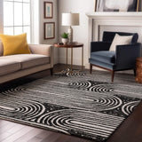 9' X 12' Black And Ivory Geometric Distressed Washable Area Rug With UV Protection - HomeRoots - Flyclothing LLC