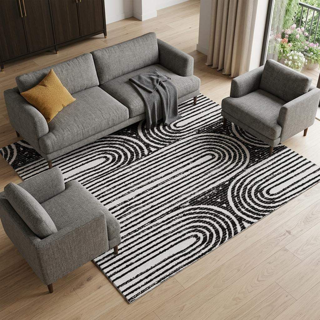 10' X 14' Black And Ivory Geometric Distressed Washable Area Rug With UV Protection - HomeRoots - Flyclothing LLC