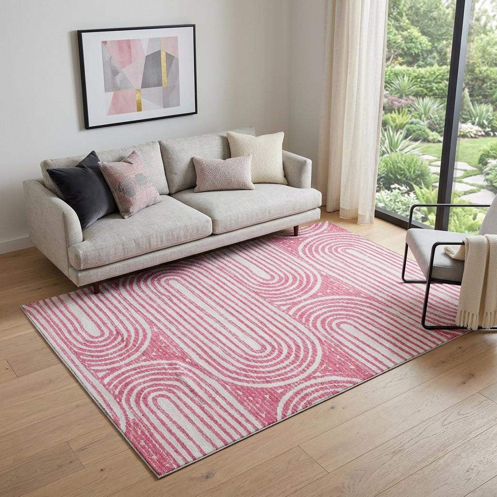 5' X 8' Blush And Ivory Geometric Distressed Washable Area Rug With UV Protection - HomeRoots - Flyclothing LLC