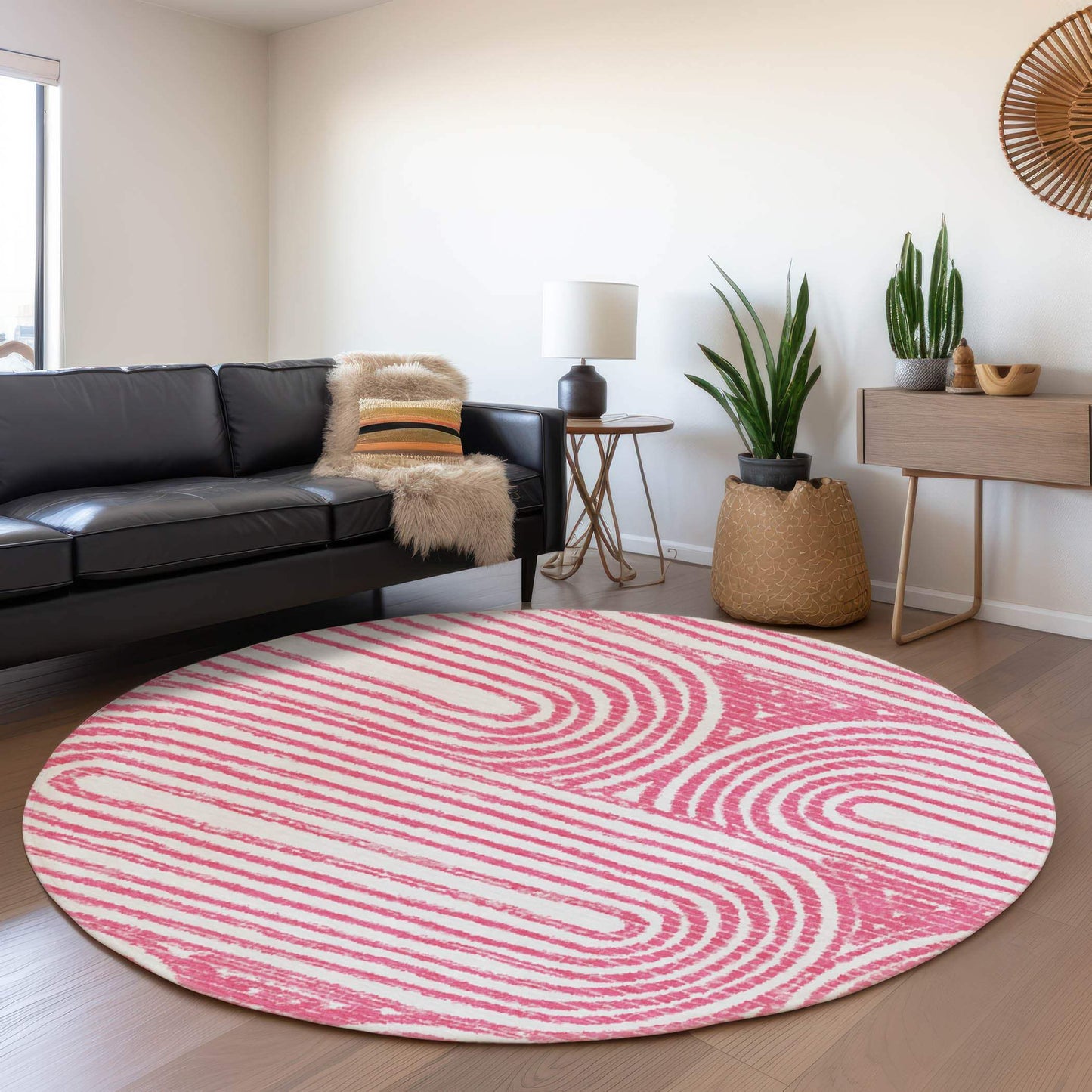 8' Blush And Ivory Geometric Distressed Washable Round Rug With UV Protection - HomeRoots - Flyclothing LLC