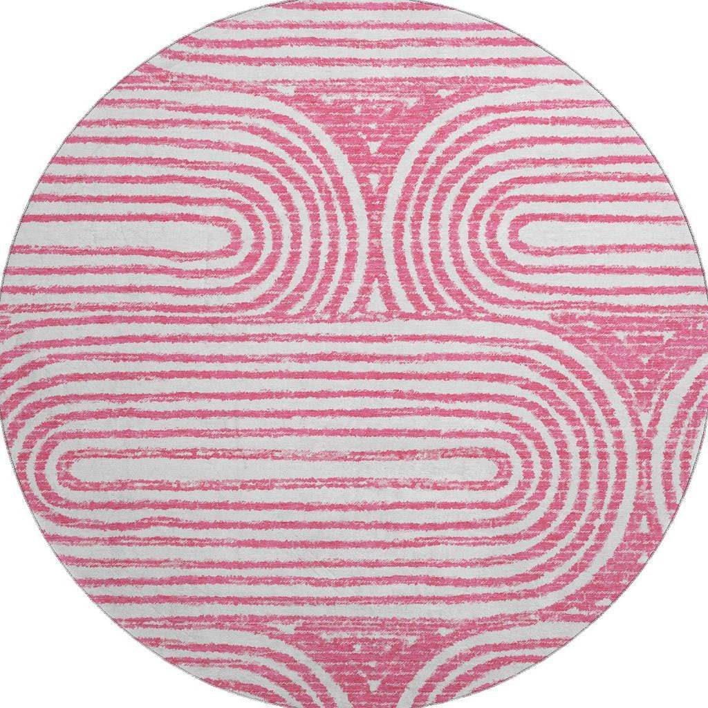 8' Blush And Ivory Geometric Distressed Washable Round Rug With UV Protection - HomeRoots - Flyclothing LLC