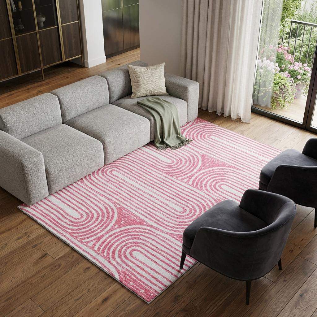 8' X 10' Blush And Ivory Geometric Distressed Washable Area Rug With UV Protection - HomeRoots - Flyclothing LLC