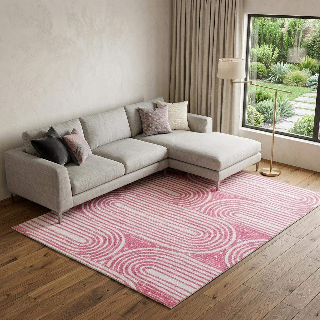 9' X 12' Blush And Ivory Geometric Distressed Washable Area Rug With UV Protection - HomeRoots - Flyclothing LLC