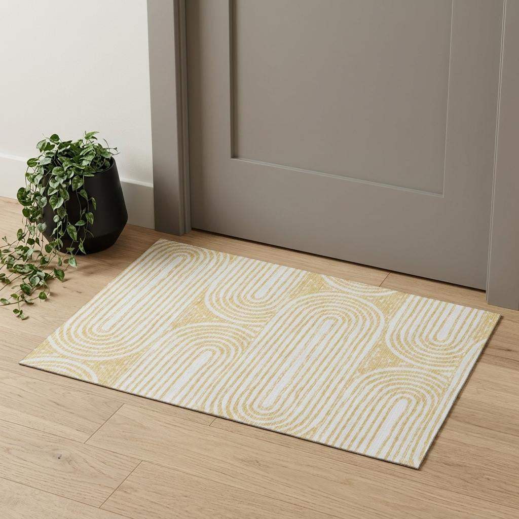 3' X 5' Gold And Ivory Geometric Distressed Washable Area Rug With UV Protection - HomeRoots - Flyclothing LLC
