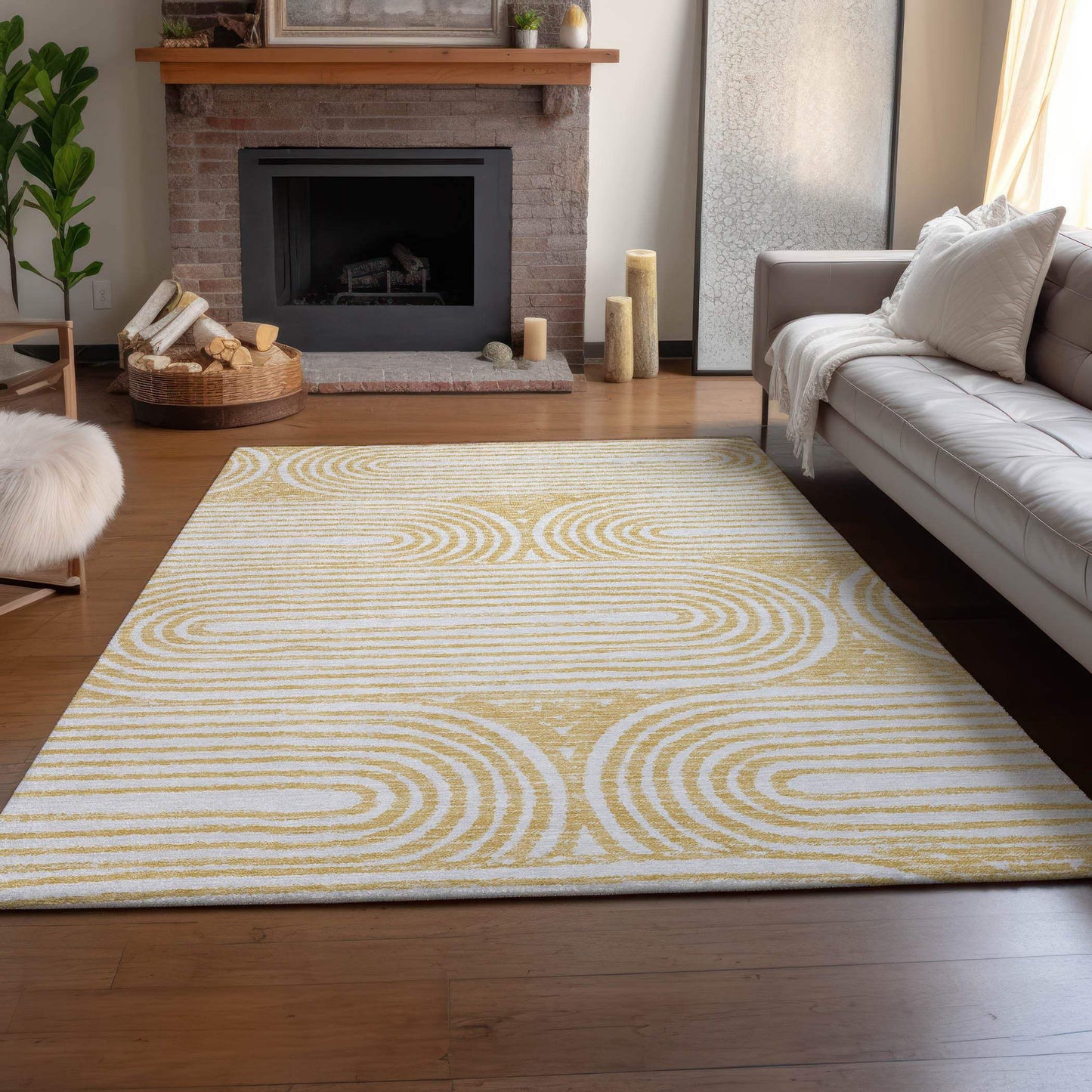 3' X 5' Gold And Ivory Geometric Distressed Washable Area Rug With UV Protection - HomeRoots - Flyclothing LLC