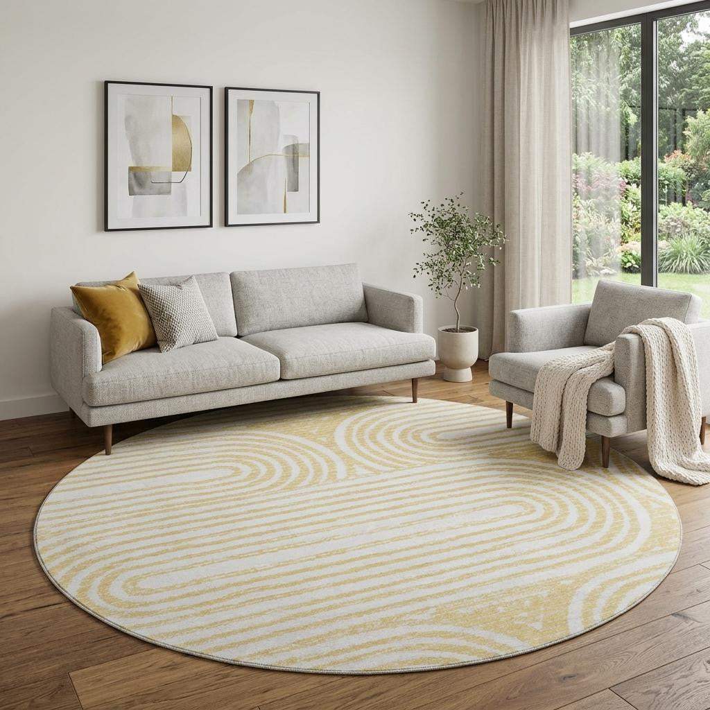 8' Gold And Ivory Geometric Distressed Washable Round Rug With UV Protection - HomeRoots - Flyclothing LLC