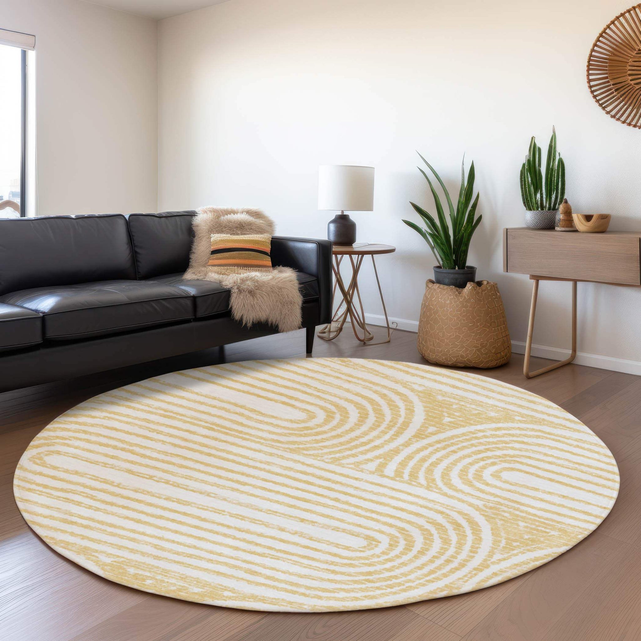 8' Gold And Ivory Geometric Distressed Washable Round Rug With UV Protection - HomeRoots - Flyclothing LLC