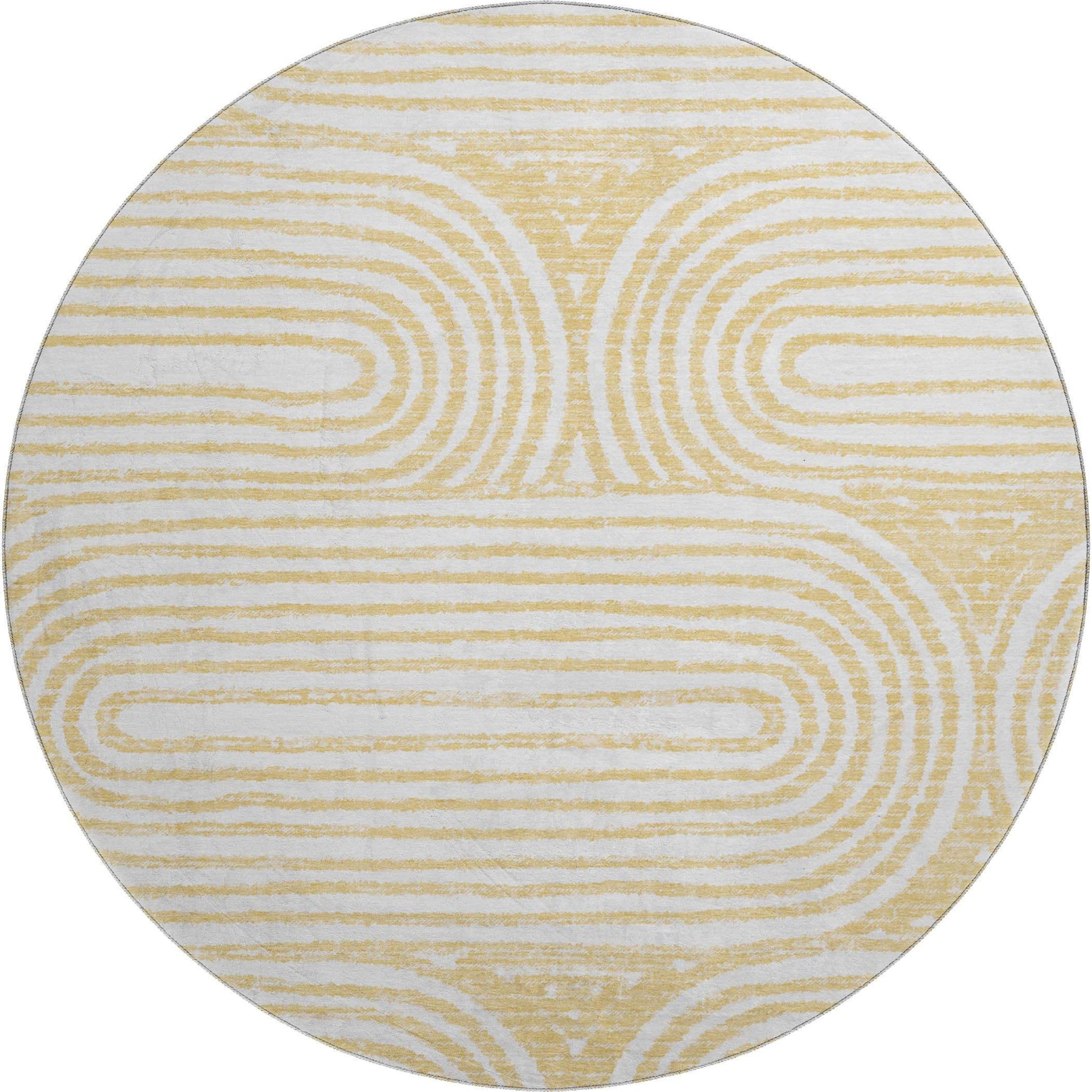 8' Gold And Ivory Geometric Distressed Washable Round Rug With UV Protection - HomeRoots - Flyclothing LLC