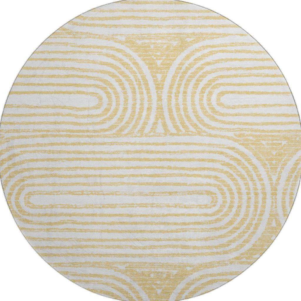 8' Gold And Ivory Geometric Distressed Washable Round Rug With UV Protection - HomeRoots - Flyclothing LLC