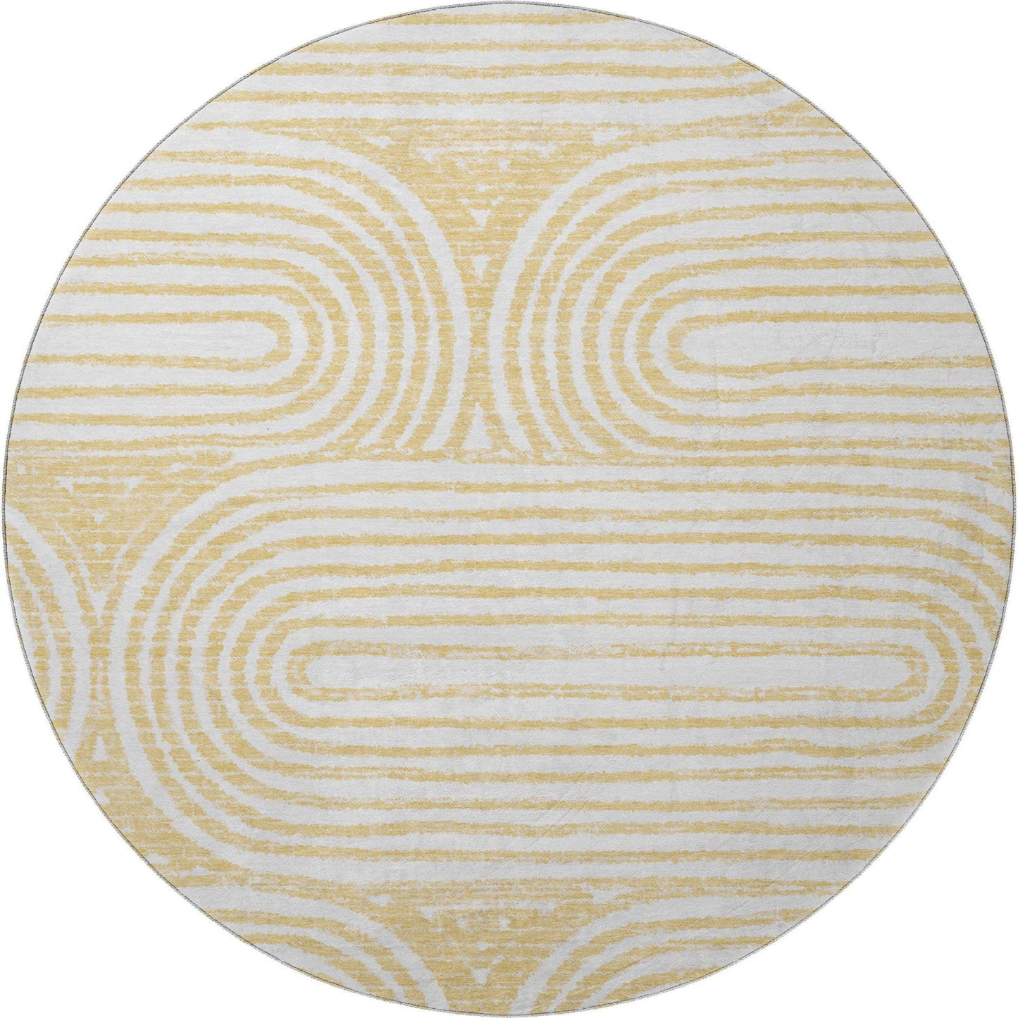 8' Gold And Ivory Geometric Distressed Washable Round Rug With UV Protection - HomeRoots - Flyclothing LLC