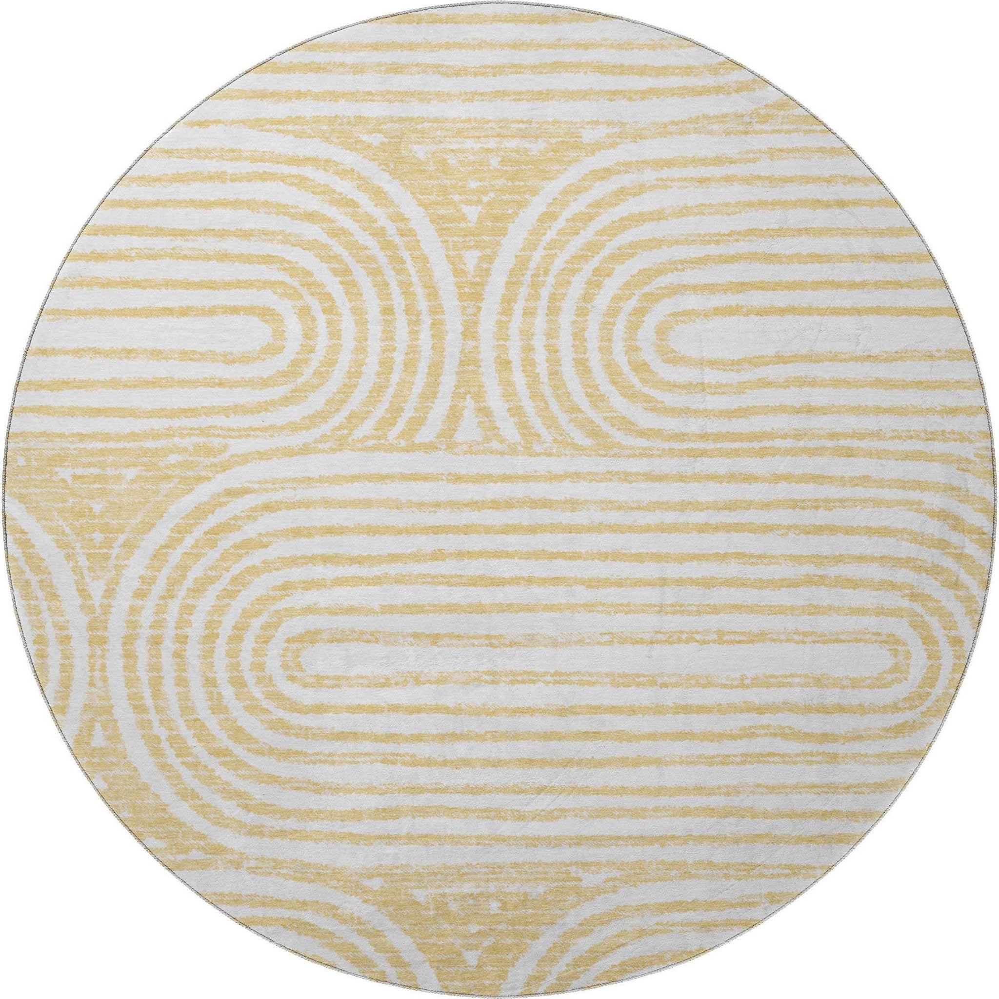 8' Gold And Ivory Geometric Distressed Washable Round Rug With UV Protection - HomeRoots - Flyclothing LLC