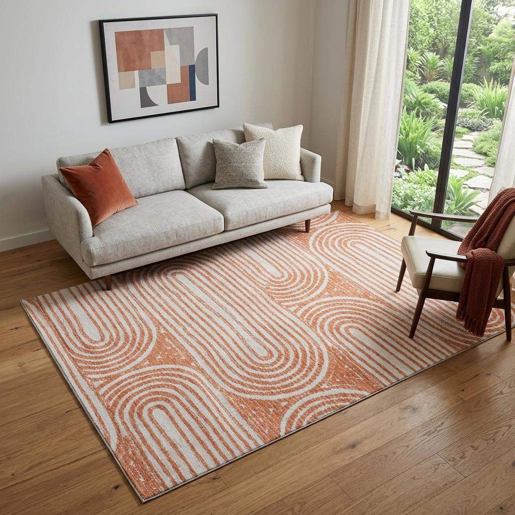 5' X 8' Salmon And Ivory Geometric Washable Area Rug With UV Protection - HomeRoots - Flyclothing LLC