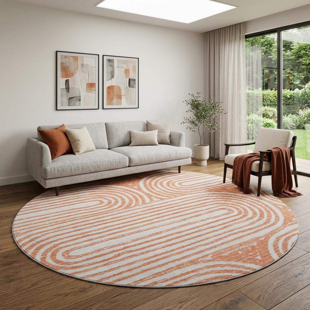 8' Salmon And Ivory Geometric Washable Round Rug With UV Protection - HomeRoots - Flyclothing LLC