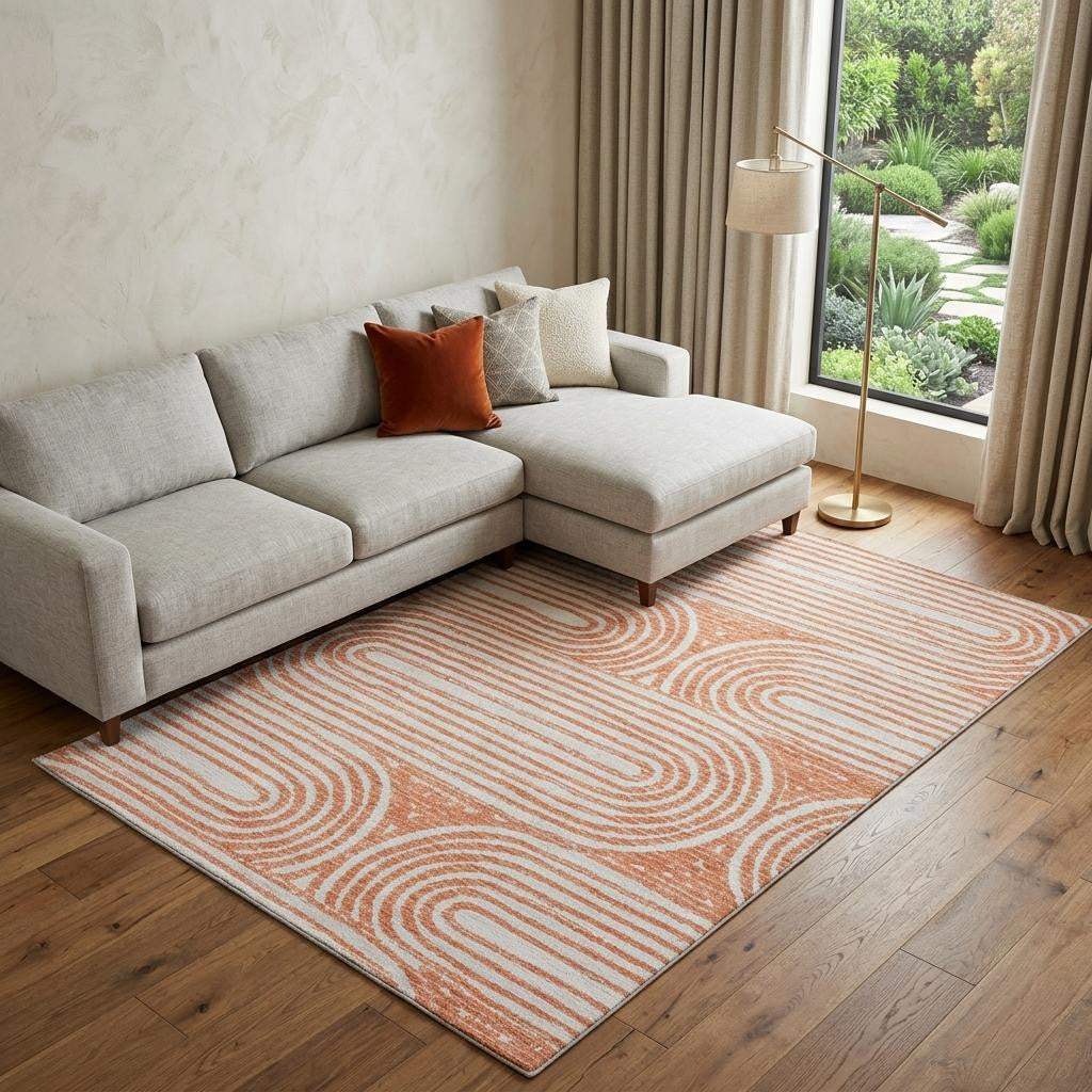8' X 10' Salmon And Ivory Geometric Distressed Washable Area Rug With UV Protection - HomeRoots - Flyclothing LLC