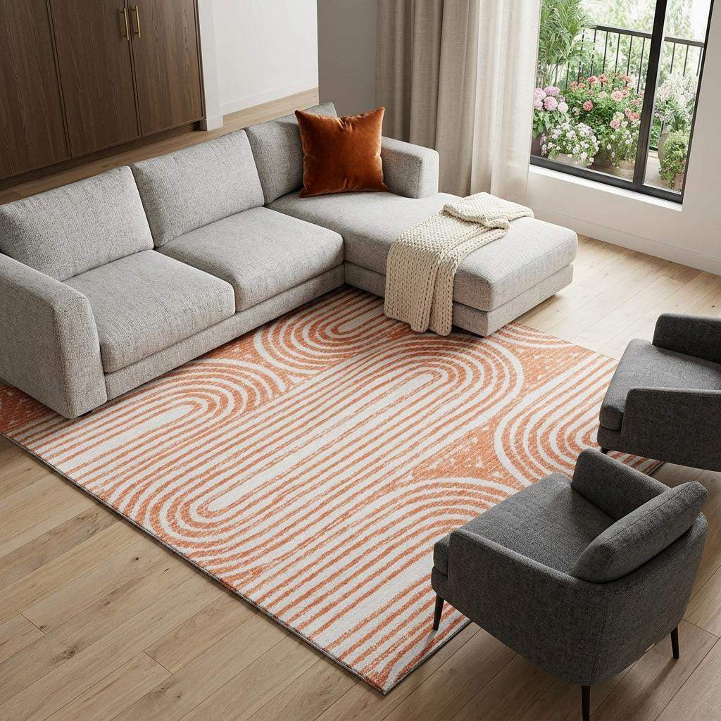 9' X 12' Salmon And Ivory Geometric Washable Area Rug With UV Protection - HomeRoots - Flyclothing LLC