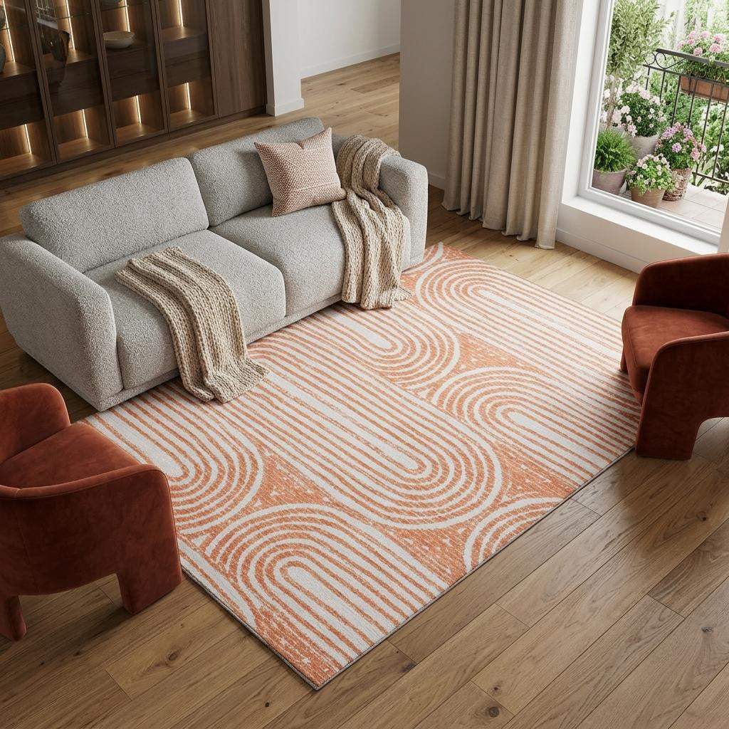 10' X 14' Salmon And Ivory Geometric Washable Area Rug With UV Protection - HomeRoots - Flyclothing LLC